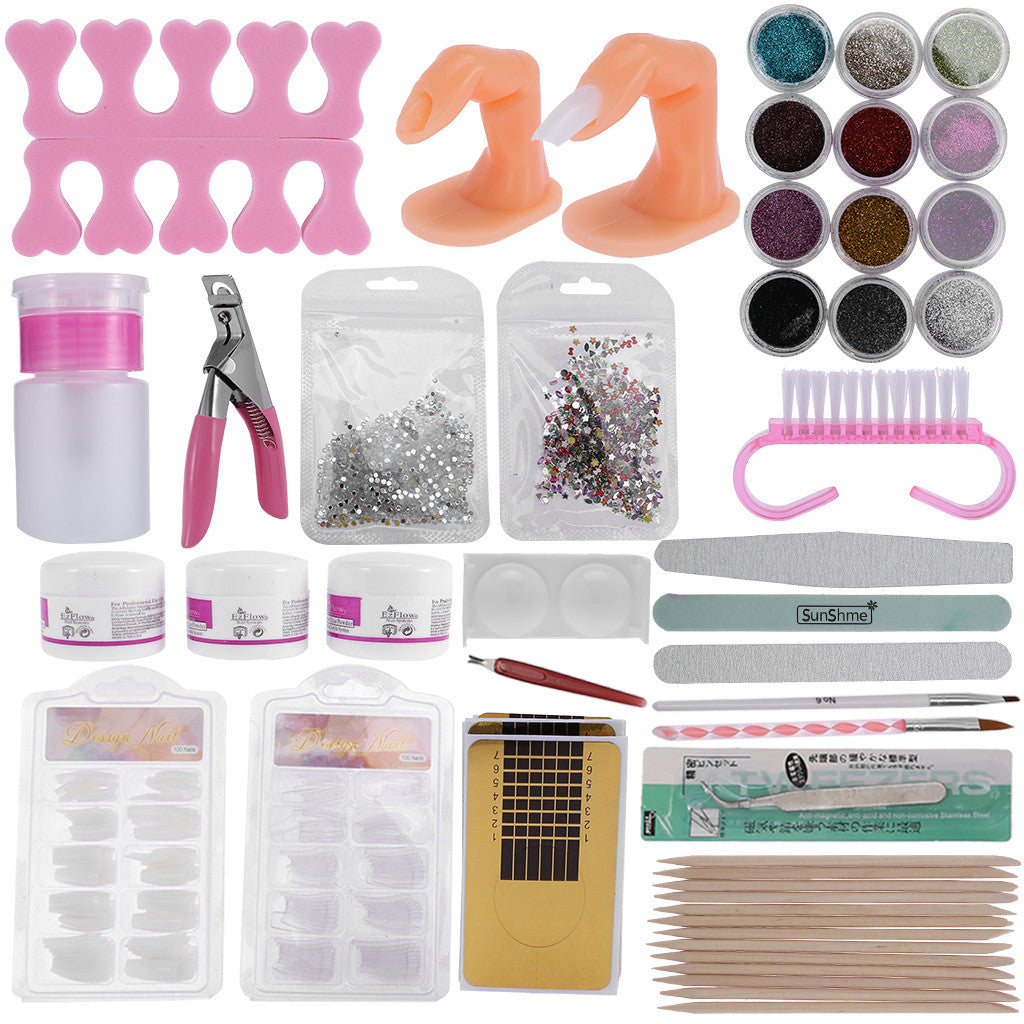 Acrylic Nail Kit Powder Glitter Nail Art Manicure Rhinestone Tool Tips Brush Set